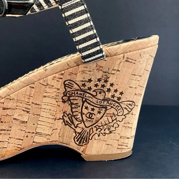 CHANEL Vintage Authentic Striped Fabric Platform Wedge Sandals w/ Cork Sole - Picture 6 of 15